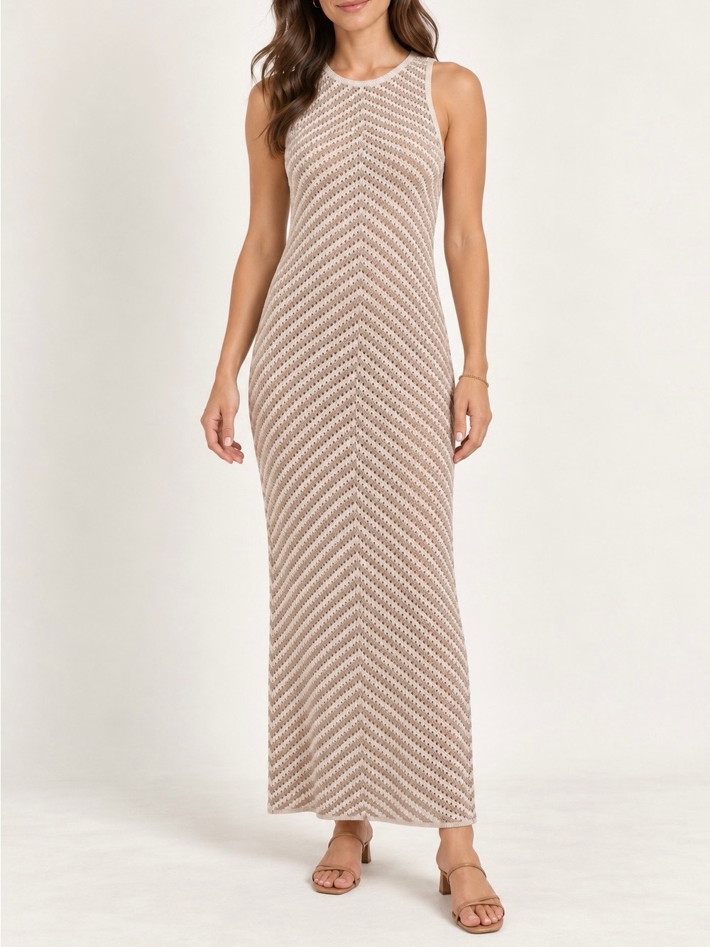 House of Harlow 1960 NWT Chevron Crochet Maxi Dress Ivory Khaki M